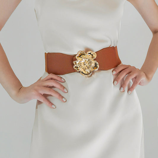 Cinturón Elástico para Mujer con Hebilla Floral Dorada - Accesorio Elegante para Vestidos - Image 2