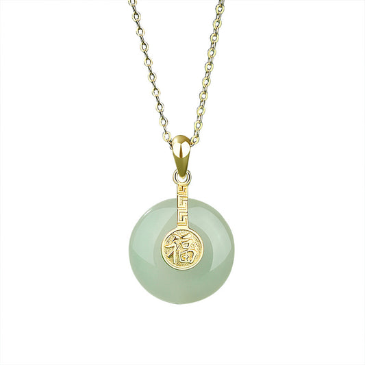 Collar de Jade Hetian con Símbolo Fu - Estilo Chino Retro en Plata de Ley y Oro de 18K - Image 2