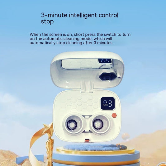 Pearl white automatic ultrasonic cleaning machine with honeycomb texture and digital display for invisible glasses. - Image 2