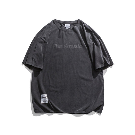 Camiseta Hombre Estilo Retro Japonés con Hombros Caídos y Estampado de Letras - Image 2