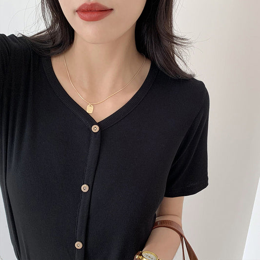 Camiseta Suelta V-Neck Ice Silk Negro con Capas - Image 2