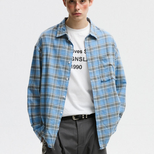 Camisa a Cuadros Unisex Estilo Americano Otoñal con Bordes Deshilachados - Image 2
