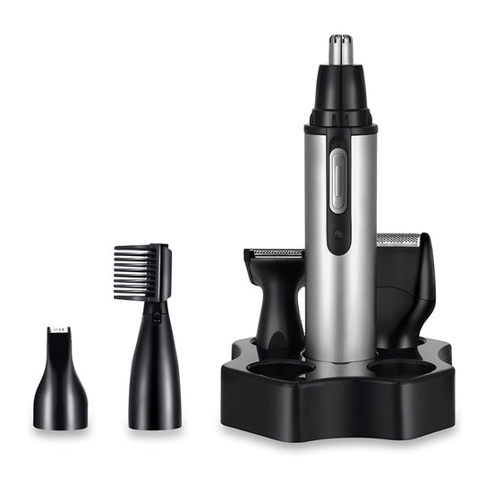 Five-in-one multifunctional USB charging hair trimmer kit with silver body, multiple black heads, and storage base. - Image 2