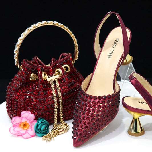 Bolso de Piedra Colorida con Zapatos de Tacón Medio y Punta Afilada para Mujer - Image 2