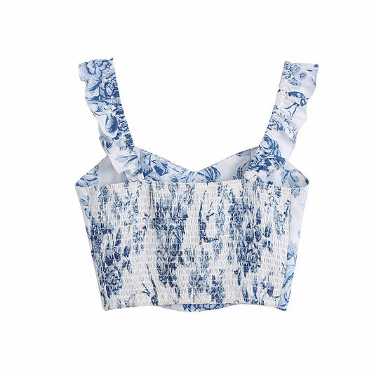 Blusa Corta con Estampado Porcelana Azul y Blanco y Mangas Fruncidas - Image 2