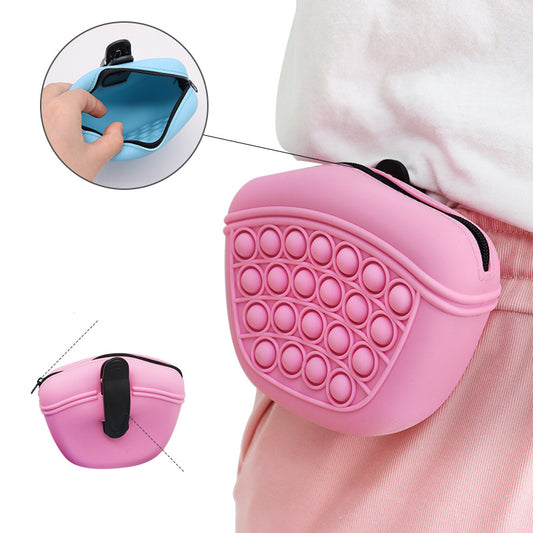 Light blue silicone pet treat pouch with a pop-it fidget design and black zipper closure. - Image 2