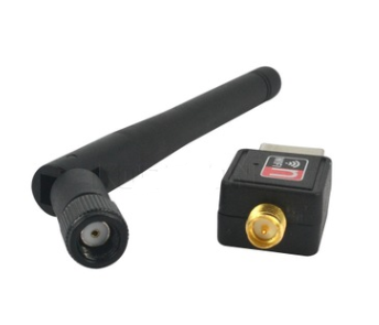 Black mini wireless USB WiFi adapter with an external antenna for PC networking. - Image 2