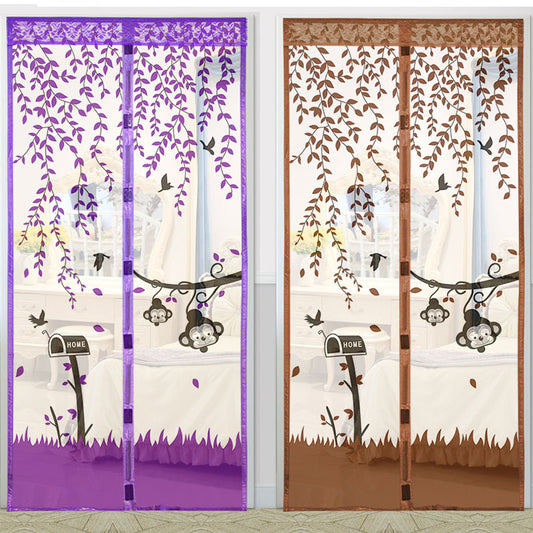 Purple magnetic mosquito curtain with a playful design featuring monkeys, birds, and leaves, installed in a doorway. - Image 2