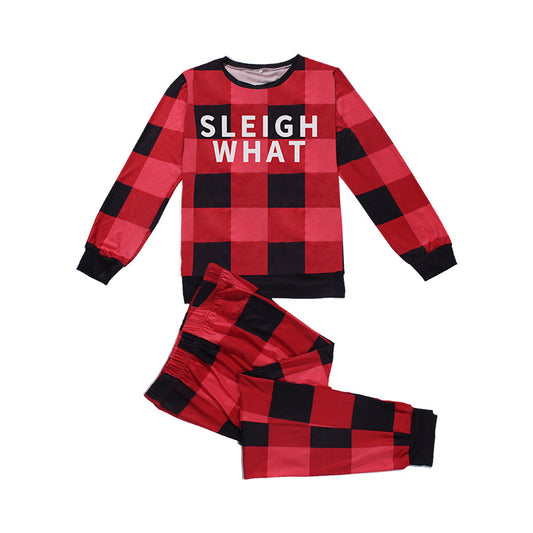 Matching family red and black buffalo plaid pajamas with "Sleigh What" and "Sleigh'in It" text. - Image 2
