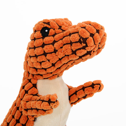 Brown textured corn velvet dinosaur plush toy with beige belly and black eyes, designed for dogs. - Image 2