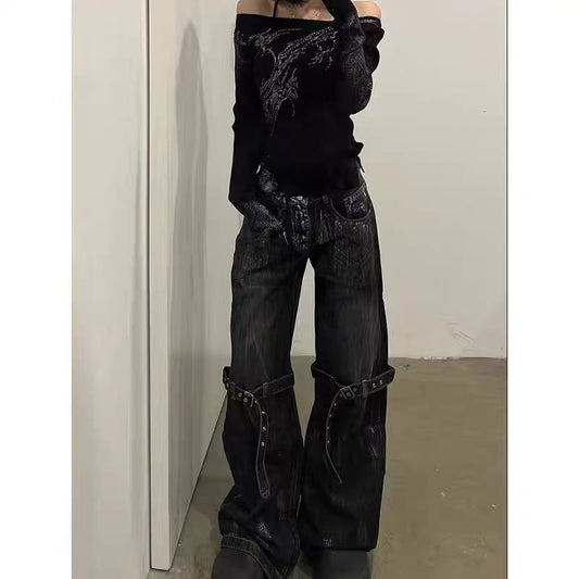 Pantalones Vaqueros Vintage Descontruidos con Cordones y Pierna Ancha - Image 2