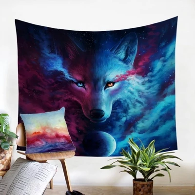 Digital printed tapestry featuring a cosmic wolf head with split blue and red patterns, hanging on a white wall. - Image 2