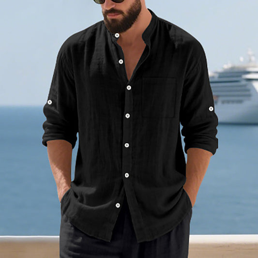 Camisa de Lino Transpirable para Hombre con Cuello Mao y Manga Larga - Image 2