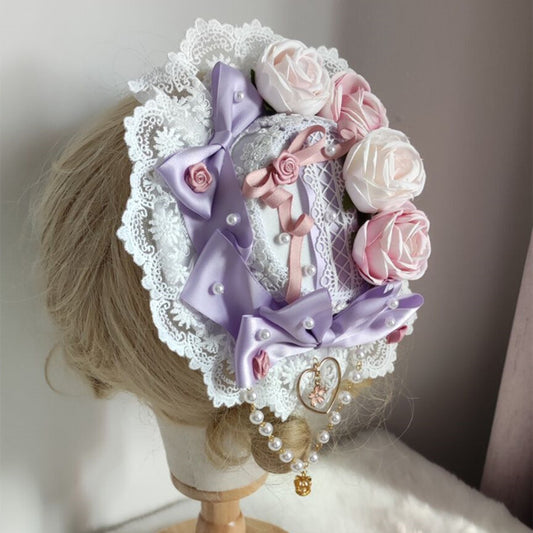 Sombrero Lolita Dulce con Encaje, Perlas y Moño - Image 2