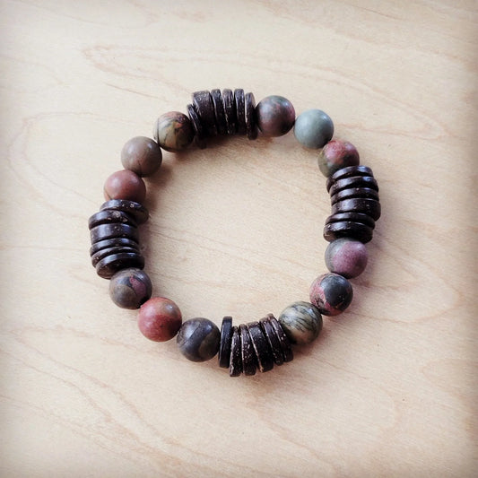 **Genuine Picasso Jasper and Wood Stretch Bracelet 810p