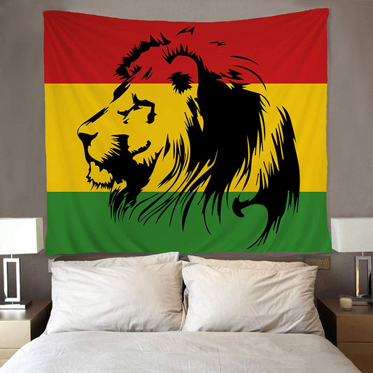 Reggae flag tapestry with a black lion's head in profile against red, yellow, and green stripes. - Image 2