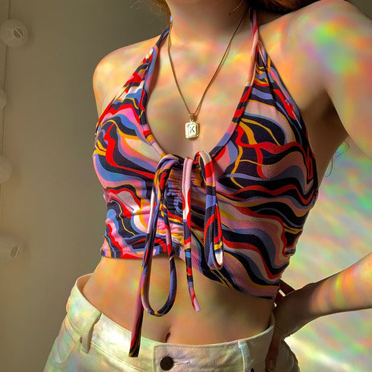 Top Halter Mujer con Pliegues Corrugados y Estampado Irregular - Image 2