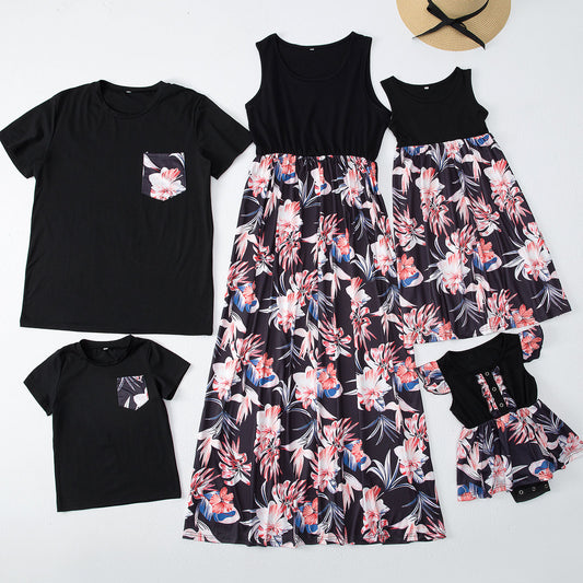 Family matching outfits including a peach and floral maxi dress, two short-sleeve shirts, a sleeveless dress, and a baby romper. - Image 2