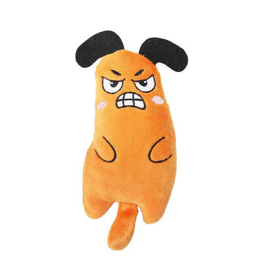 Light blue plush cat toy with embroidered sleepy eyes, pink cheeks, and black body markings. - Image 2