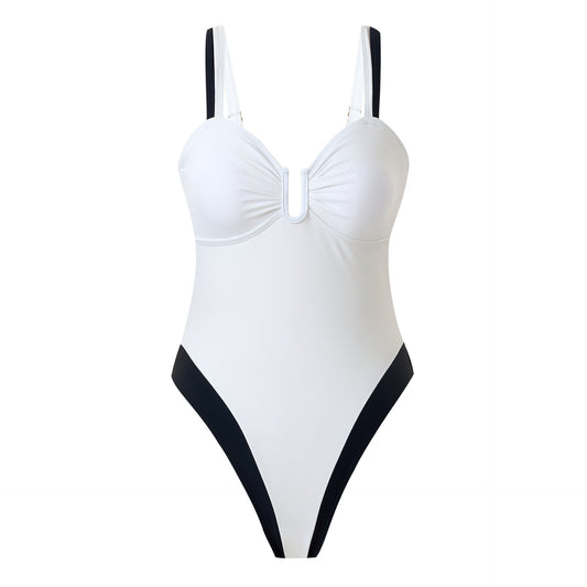 White one-piece women's swimsuit with black side panels and straps, featuring a ruched bust and U-shaped detail. - Image 2