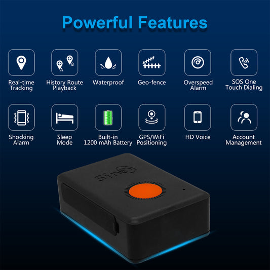 Sinotrack GPS tracker kit with black device, orange button, white charging cable, lanyard, pouch, and box. - Image 2