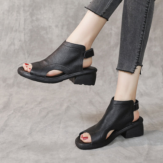 Sandalias Retro de Cuero Genuino para Mujer con Tacón Medio y Suela Suave - Image 2
