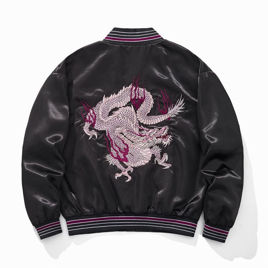 Chaqueta Béisbol Dragón Fuego Púrpura con Nubes Auspiciosas Bordadas - Image 2