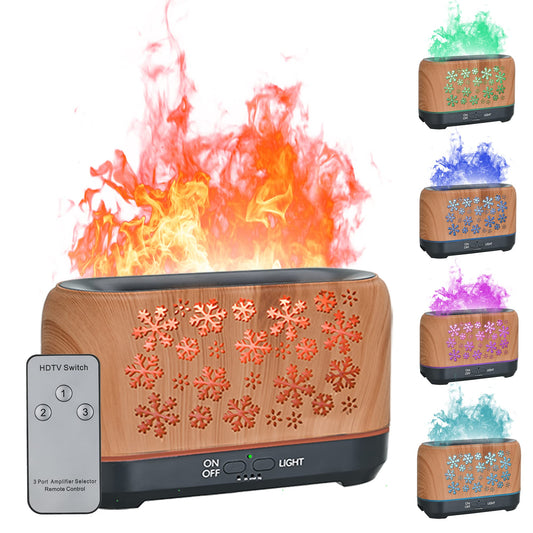 Wood grain humidifier with snowflake pattern, emitting blue flame-like mist, shown with remote control and other color options. - Image 2
