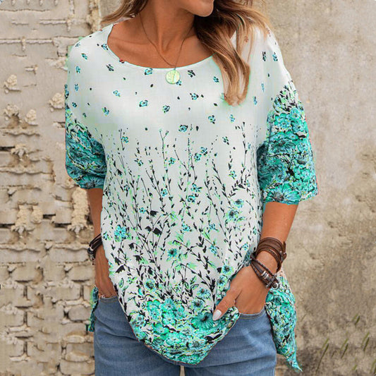 Blusa Casual Floral Suelta Cuello Redondo Manga Corta para Mujer - Image 2