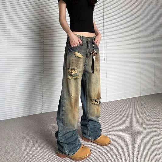 Pantalones Vaqueros Rotos Oversize Rectos de Pierna Ancha - Estilo Urbano Descontracturado - Image 2