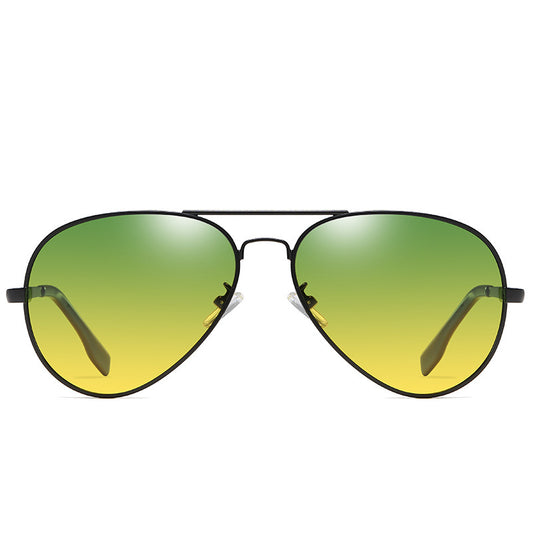 Men's aviator sunglasses with black frames and polarized color-changing lenses that shift from yellow to green. - Image 2