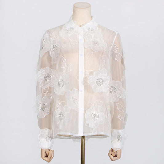 Camisa Polo de Diseño con Bordado 3D, Lentejuelas y Flores Volumétricas - Image 2