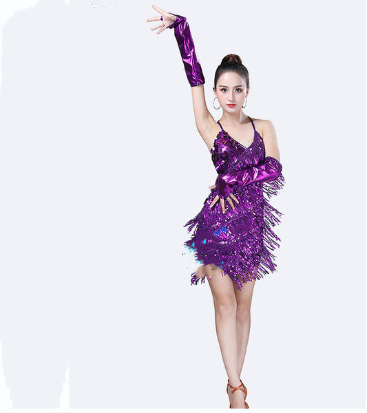 Falda de Danza Latina con Flecos y Lentejuelas - Vestido de Actuación Escénica - Image 2