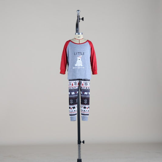 Child's Christmas pajama set with a grey 'LITTLE BEAR' top and red raglan sleeves, paired with patterned pants. - Image 2