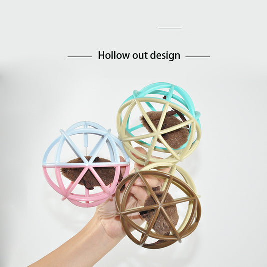 Beige plastic spherical cage pet toy with a brown furry mouse inside, designed for cats. - Image 2