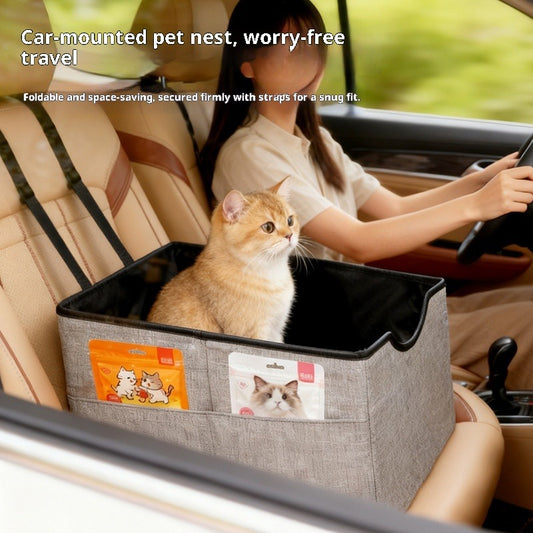 Beige pet car seat with a small white dog inside, secured to a car's passenger seat, designed for safe travel. - Image 2