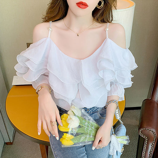Blusa Chiffon Hombros Descubiertos con Volantes para Mujer - Image 2