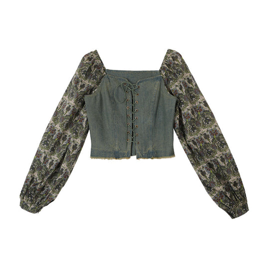 Camisa Denim Retro con Encaje y Cordones - Manga Larga Estilo Floral Francés - Image 2