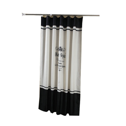 Black and white striped polyester shower curtain with a crown and text design, hanging from a silver tension rod. - Image 2