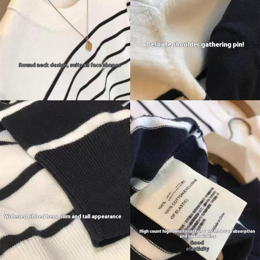Blusa Tejida de Rayas con Cuello Redondo y Manga Corta para Mujer - Image 2