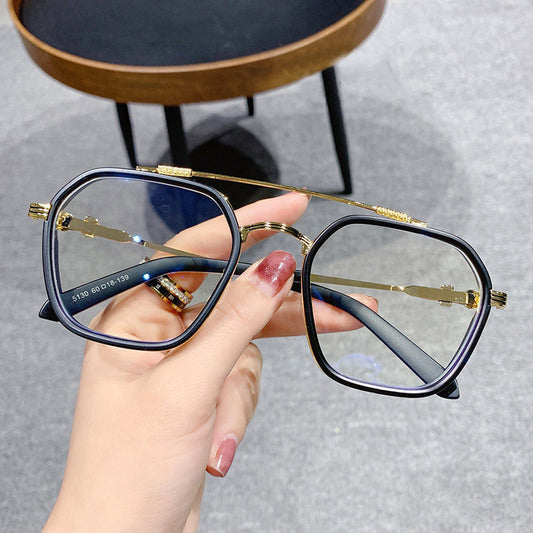 Black and gold double beam retro square frame anti-blue light glasses held by a hand. - Image 2