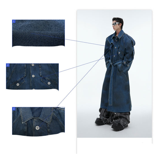 Abrigo Denim Largo con Hombros Acolchados Doble Capa - Image 2