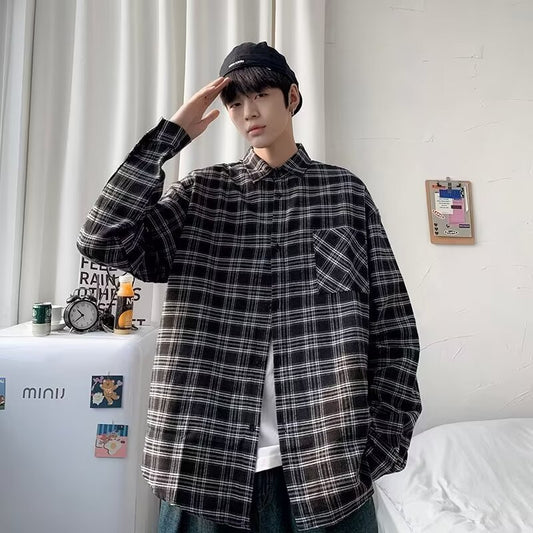 Camisa de Cuadros Negra Suelta y Casual de Manga Larga para Hombre - Image 2