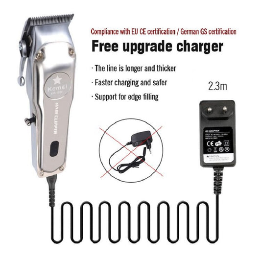 Silver rechargeable hair clipper with EU plug charger, cleaning brush, and four black guide combs on a white background. - Image 2