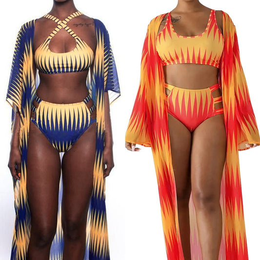Women's blue and yellow geometric print bikini with high-waisted bottoms and a matching sheer kimono cover-up. - Image 2