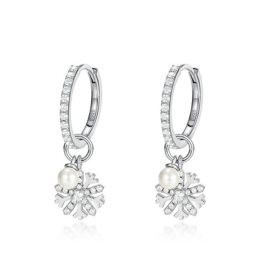 Aretes de Plata S925 con Perla y Diseño de Copo de Nieve - Image 2
