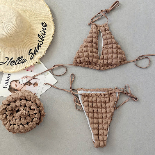 Light brown seersucker three-piece bikini swimsuit with a lace-up triangle top, tie-side bottoms, and a matching wrap skirt. - Image 2