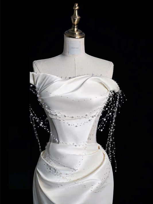 Vestido de Fiesta Satinado Hombros Descubiertos con Perlas - Image 2