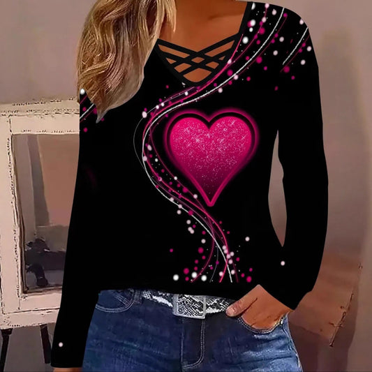 Blusa Casual de Manga Larga con Escote en V y Patrón de Corazones - Image 2