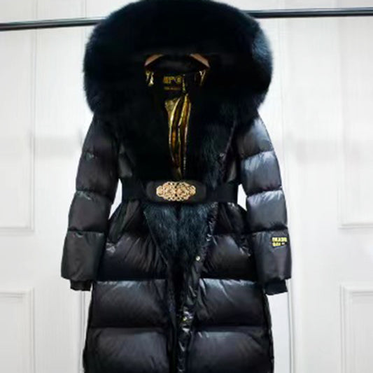 Chaqueta de Pato con Plumón y Cuello de Zorro Real - Abrigo Cálido Dorado Negro - Image 2